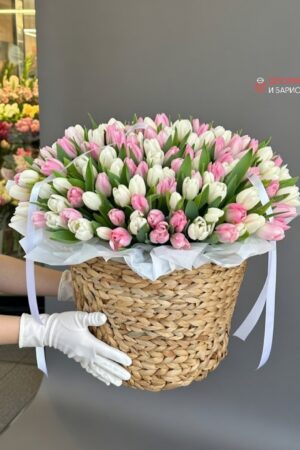 Композиция из 130 тюльпанов в плетеной корзине