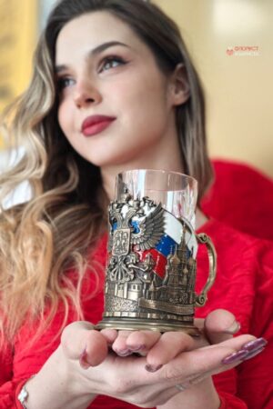 Подарочный набор стакан ГЕРБ РФ в подстаканнике с ложкой, ручная работа в коробке