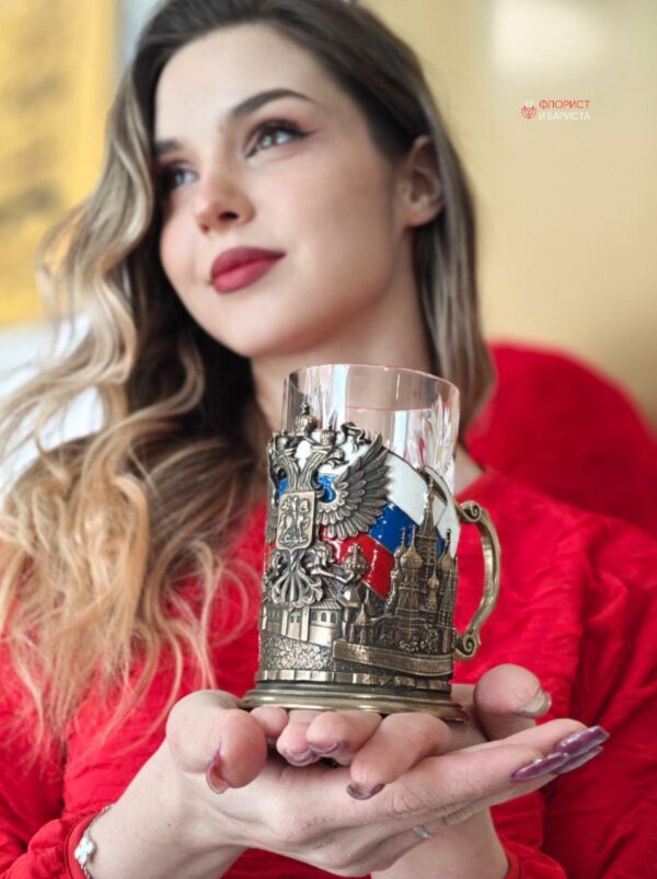 Подарочный набор стакан ГЕРБ РФ в подстаканнике с ложкой, ручная работа в коробке