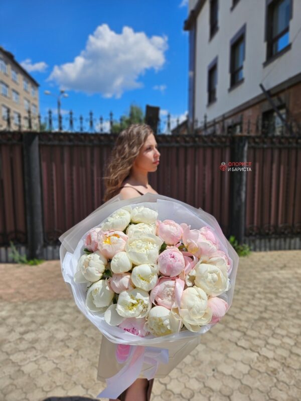 Нежный букет из 25 пионов белых с розовым